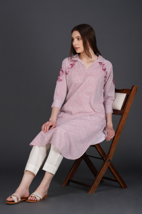 P.H.A.E. - Phae Falak Cotton Kurta in Stripe | Indian Chikankari