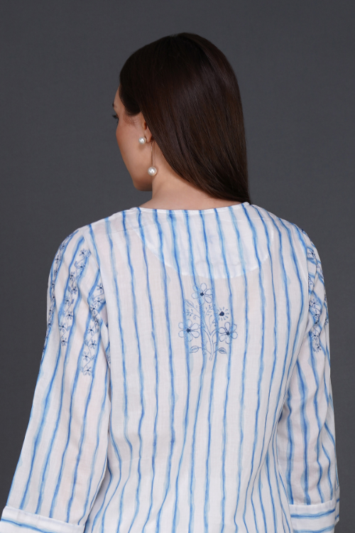 P.H.A.E. - Phae Alina Kurta in Cotton Stripe | Indian Chikankari
