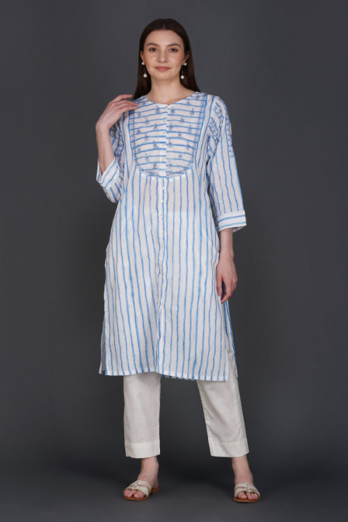 P.H.A.E. - Phae Alina Kurta in Cotton Stripe | Indian Chikankari