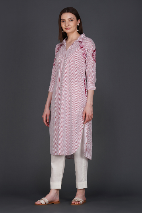 P.H.A.E. - Phae Falak Cotton Kurta in Stripe | Indian Chikankari