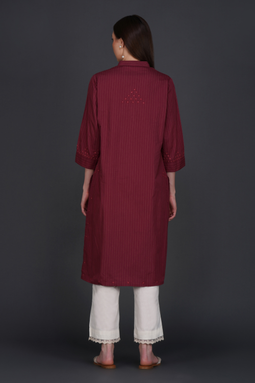 P.H.A.E. - Phae Fiza Kurta with Cream Stripe in Cotton | Indian Chikankari