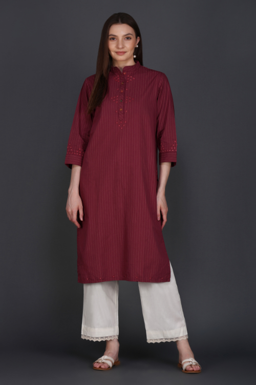 P.H.A.E. - Phae Fiza Kurta with Cream Stripe in Cotton | Indian Chikankari