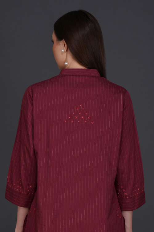 P.H.A.E. - Phae Fiza Kurta with Cream Stripe in Cotton | Indian Chikankari