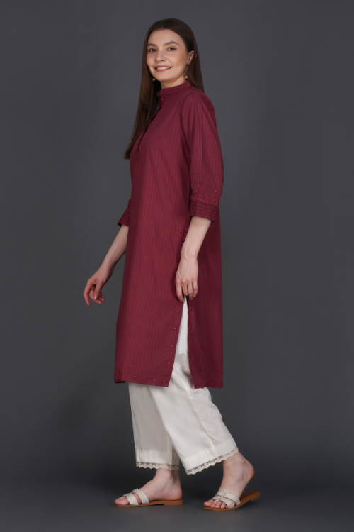 P.H.A.E. - Phae Fiza Kurta with Cream Stripe in Cotton | Indian Chikankari