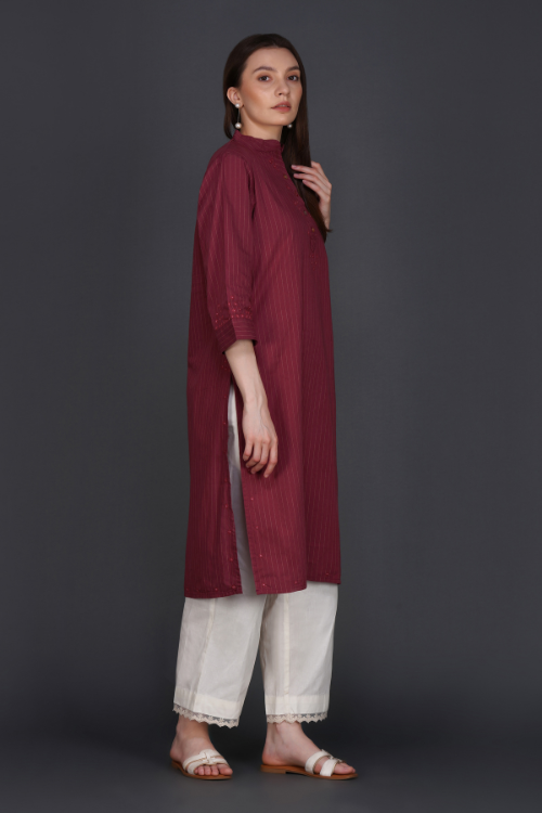 P.H.A.E. - Phae Fiza Kurta with Cream Stripe in Cotton | Indian Chikankari