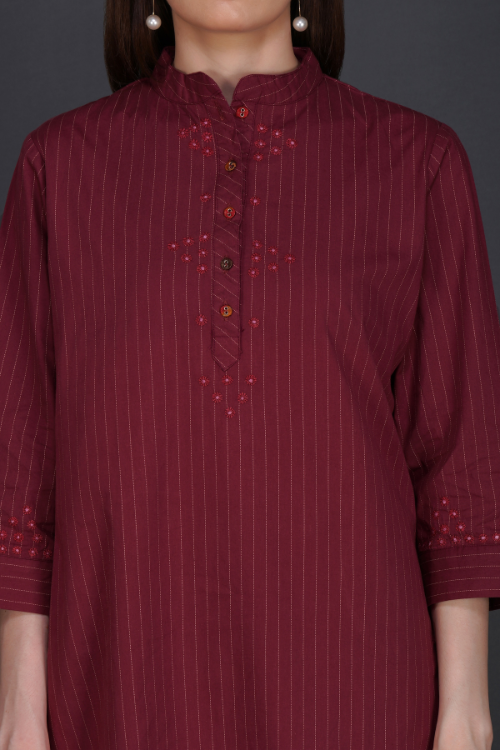 P.H.A.E. - Phae Fiza Kurta with Cream Stripe in Cotton | Indian Chikankari