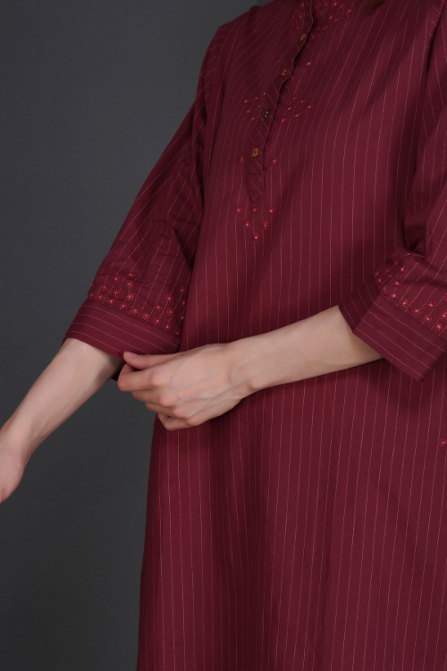 P.H.A.E. - Phae Fiza Kurta with Cream Stripe in Cotton | Indian Chikankari