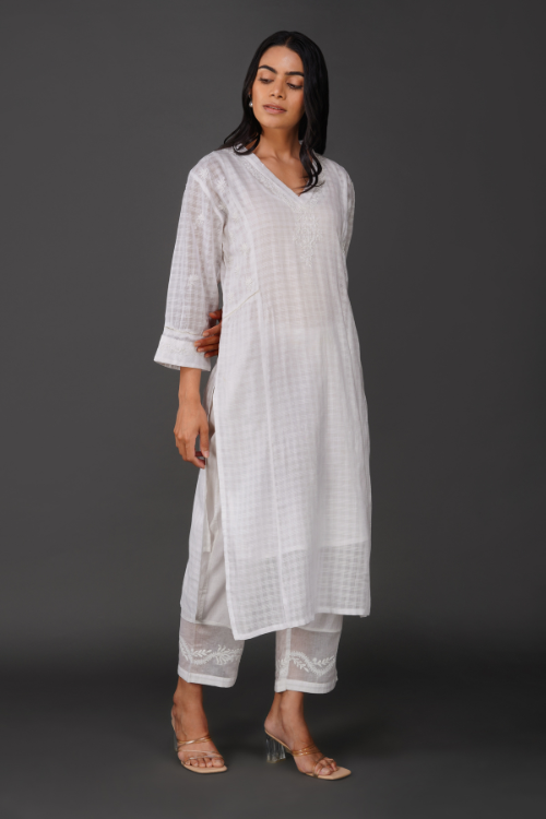 P.H.A.E. - Phae Aarini Cotton Self Check Kurta | Indian Chikankari