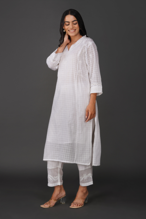 P.H.A.E. - Phae Aarini Cotton Self Check Kurta | Indian Chikankari