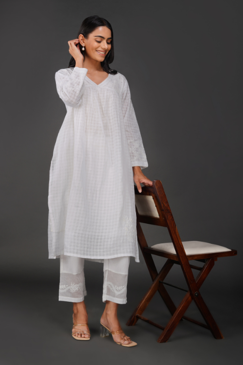 P.H.A.E. - Phae Aarini Cotton Self Check Kurta | Indian Chikankari