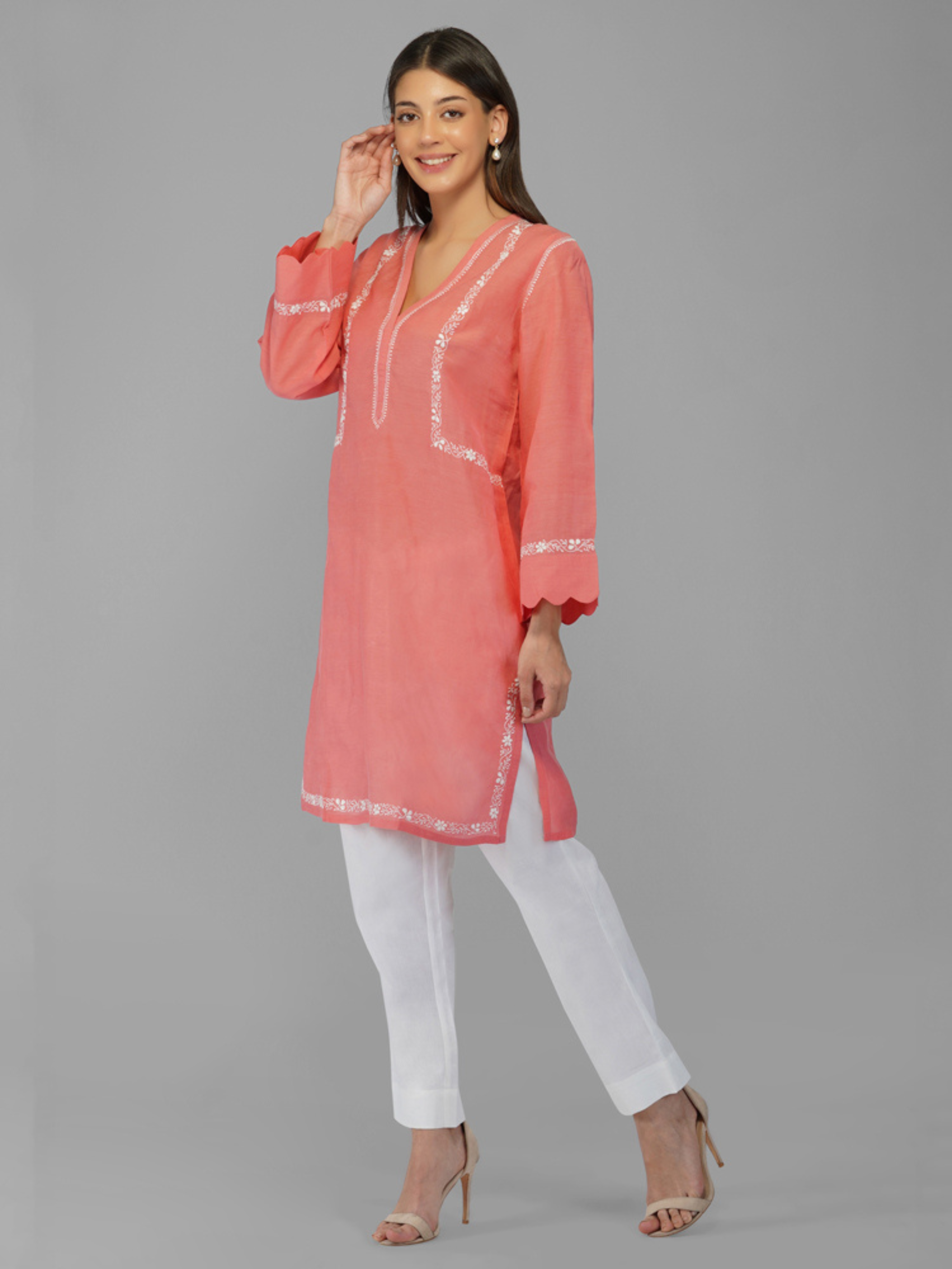 Yana Kurta in Cotton Mulmul Watermelon