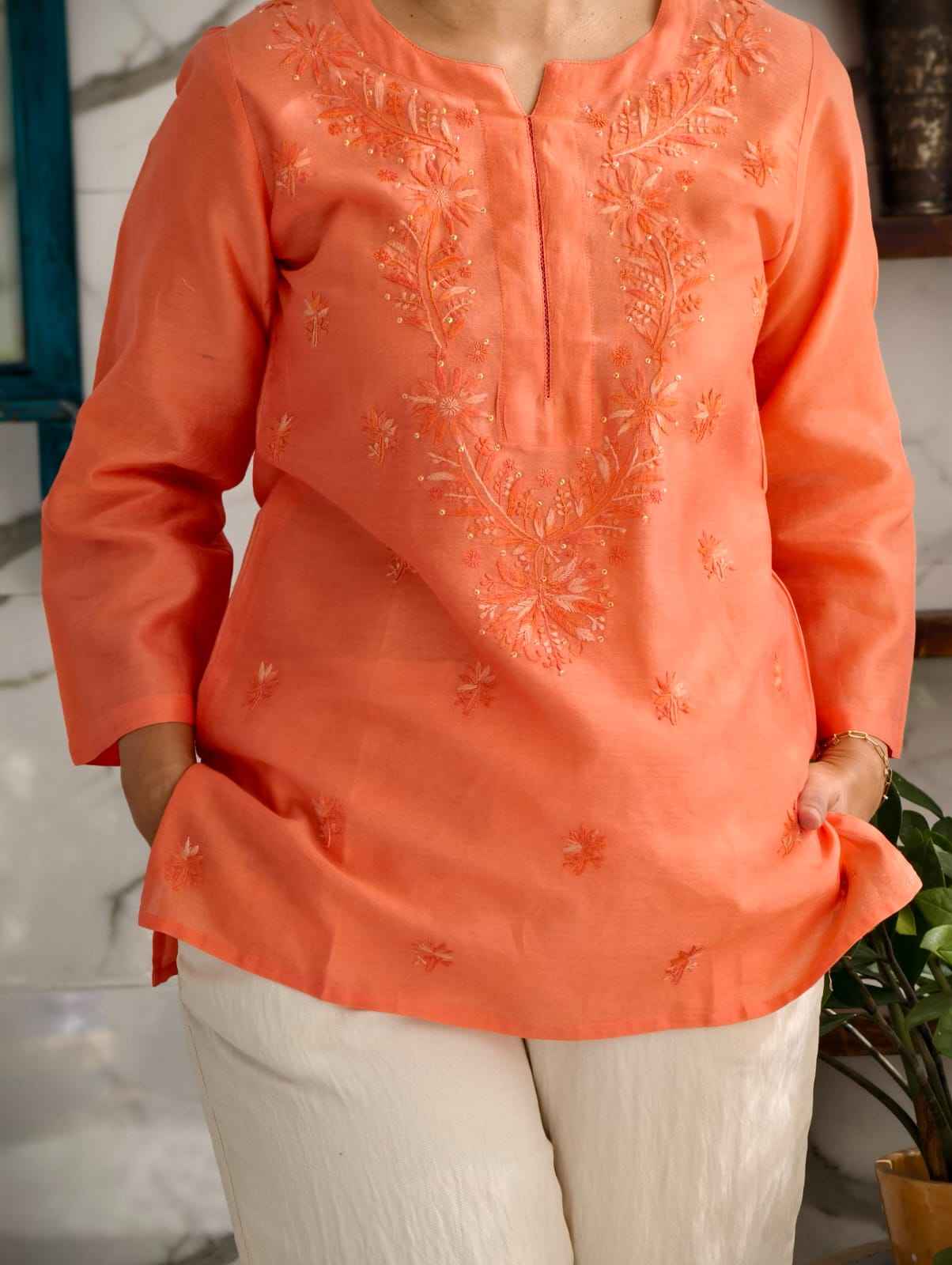 Pastel Coral Chanderi Top
