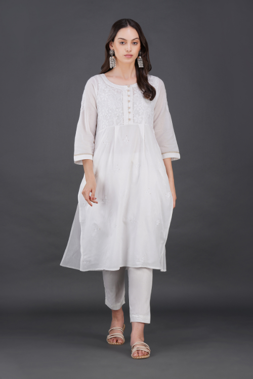 P.H.A.E. - Phae Briena White Cotton Crinkle White Kurta | Indian Chikankari