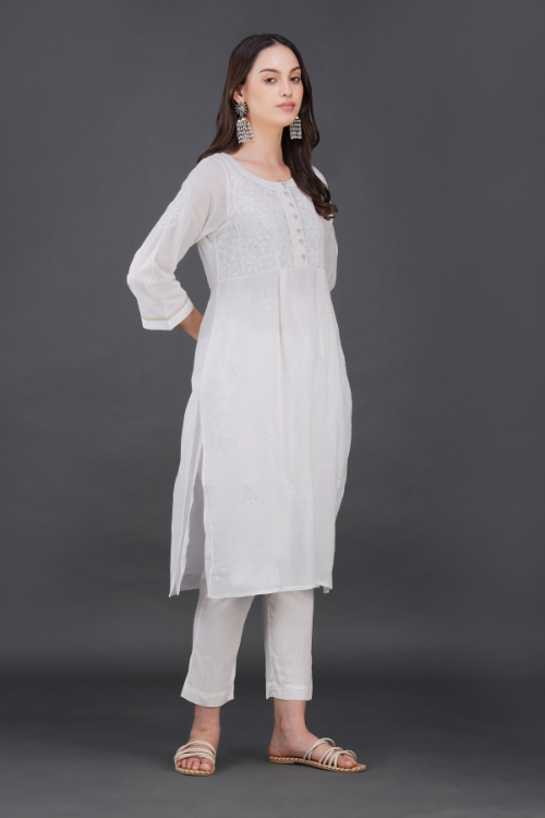 P.H.A.E. - Phae Briena White Cotton Crinkle White Kurta | Indian Chikankari