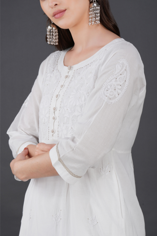 P.H.A.E. - Phae Briena White Cotton Crinkle White Kurta | Indian Chikankari