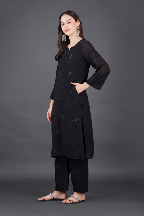 P.H.A.E. - Phae Dinah Cotton Crinkle Black Kurta | Indian Chikankari