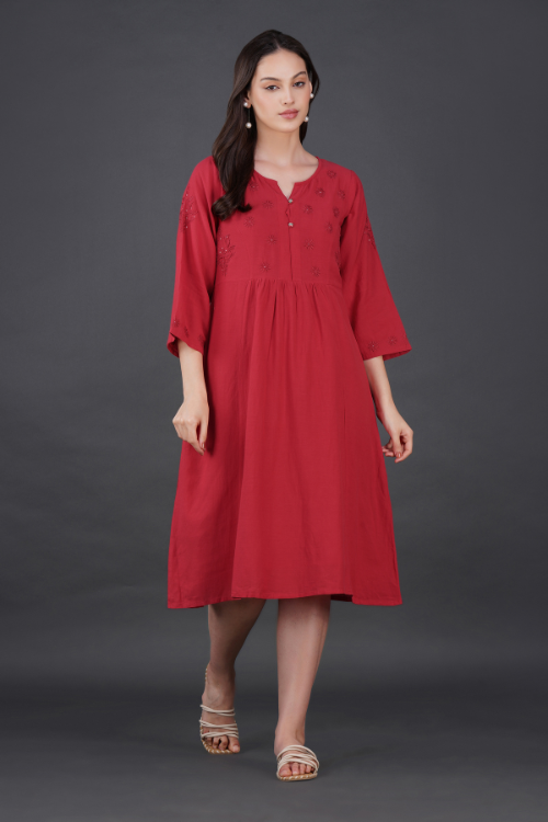 P.H.A.E. - Phae Raisa Cotton Crinkle Dress | Indian Chikankari