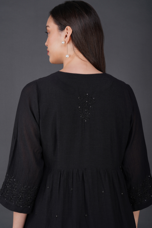 P.H.A.E. - Phae Reyna Cotton Crinkle Black Dress | Indian Chikankari