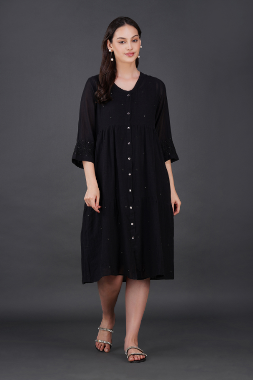 P.H.A.E. - Phae Reyna Cotton Crinkle Black Dress | Indian Chikankari