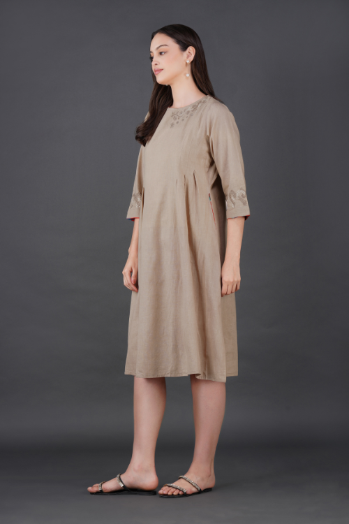 P.H.A.E. - BEIGE COTTON LINEN DRESS | Indian Chikankari