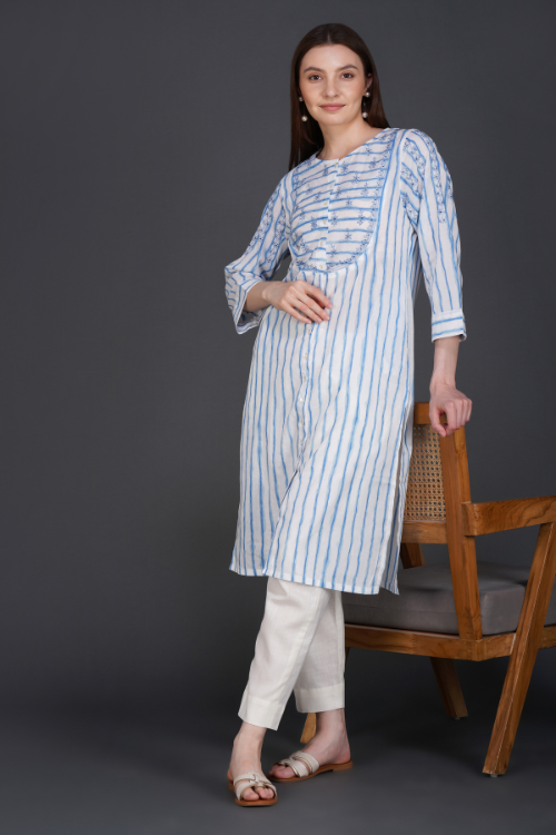 P.H.A.E. - Phae Alina Kurta in Cotton Stripe | Indian Chikankari