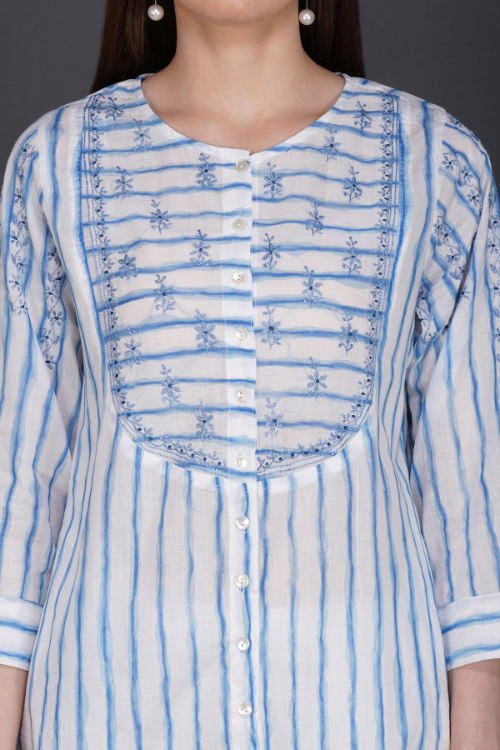 P.H.A.E. - Phae Alina Kurta in Cotton Stripe | Indian Chikankari
