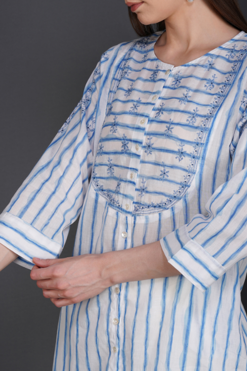 P.H.A.E. - Phae Alina Kurta in Cotton Stripe | Indian Chikankari