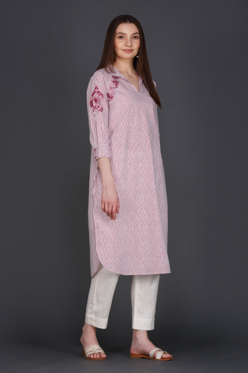 P.H.A.E. - Phae Falak Cotton Kurta in Stripe | Indian Chikankari