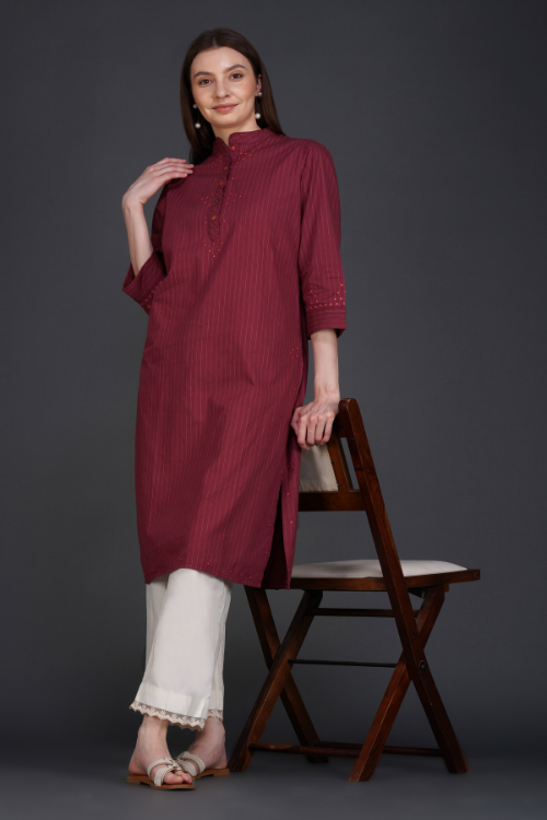 P.H.A.E. - Phae Fiza Kurta with Cream Stripe in Cotton | Indian Chikankari