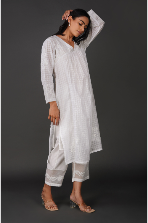 P.H.A.E. - Phae Avyukt Cotton Cross Hatch Kurta | Indian Chikankari