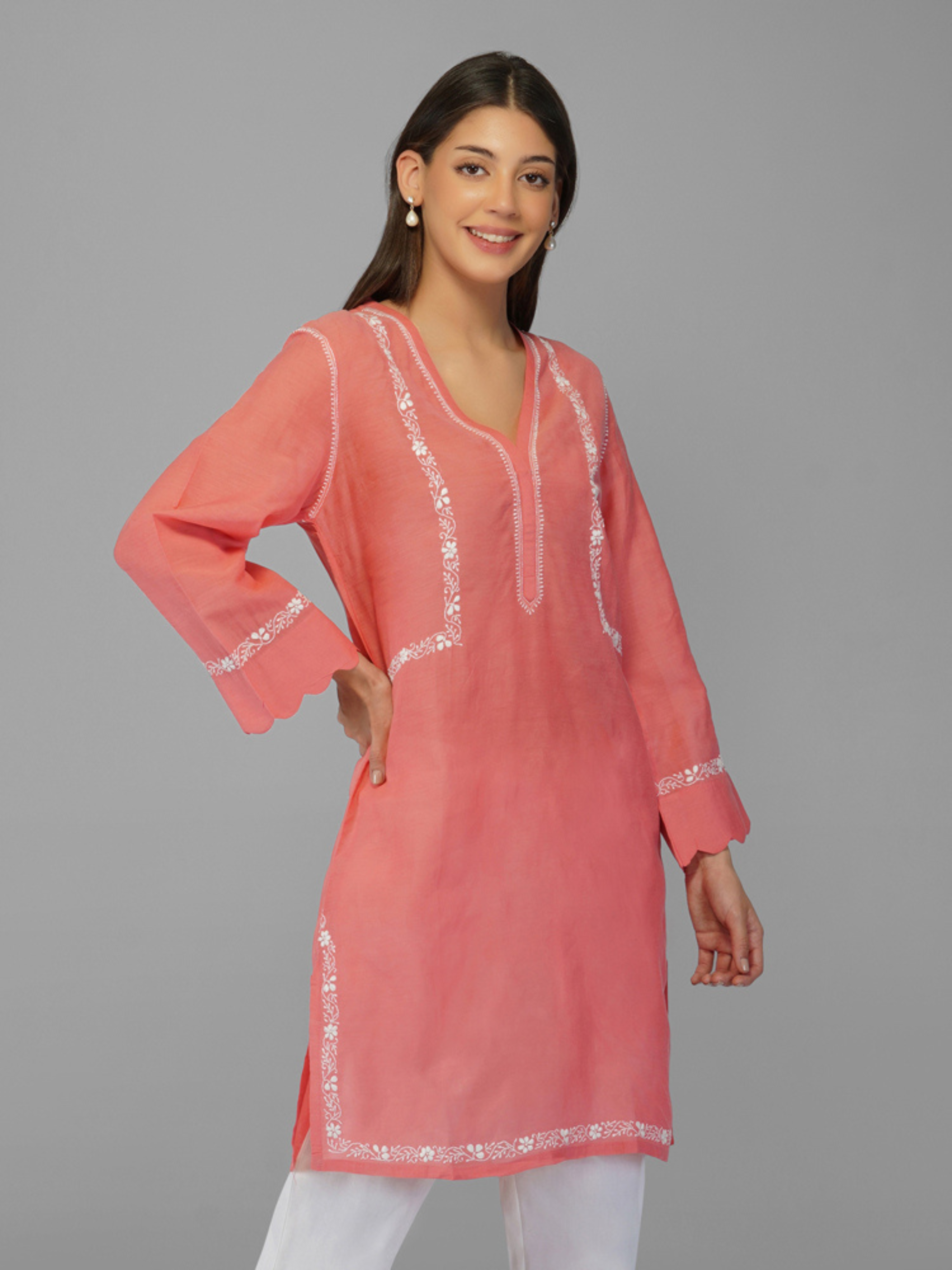 Yana Kurta in Cotton Mulmul Watermelon
