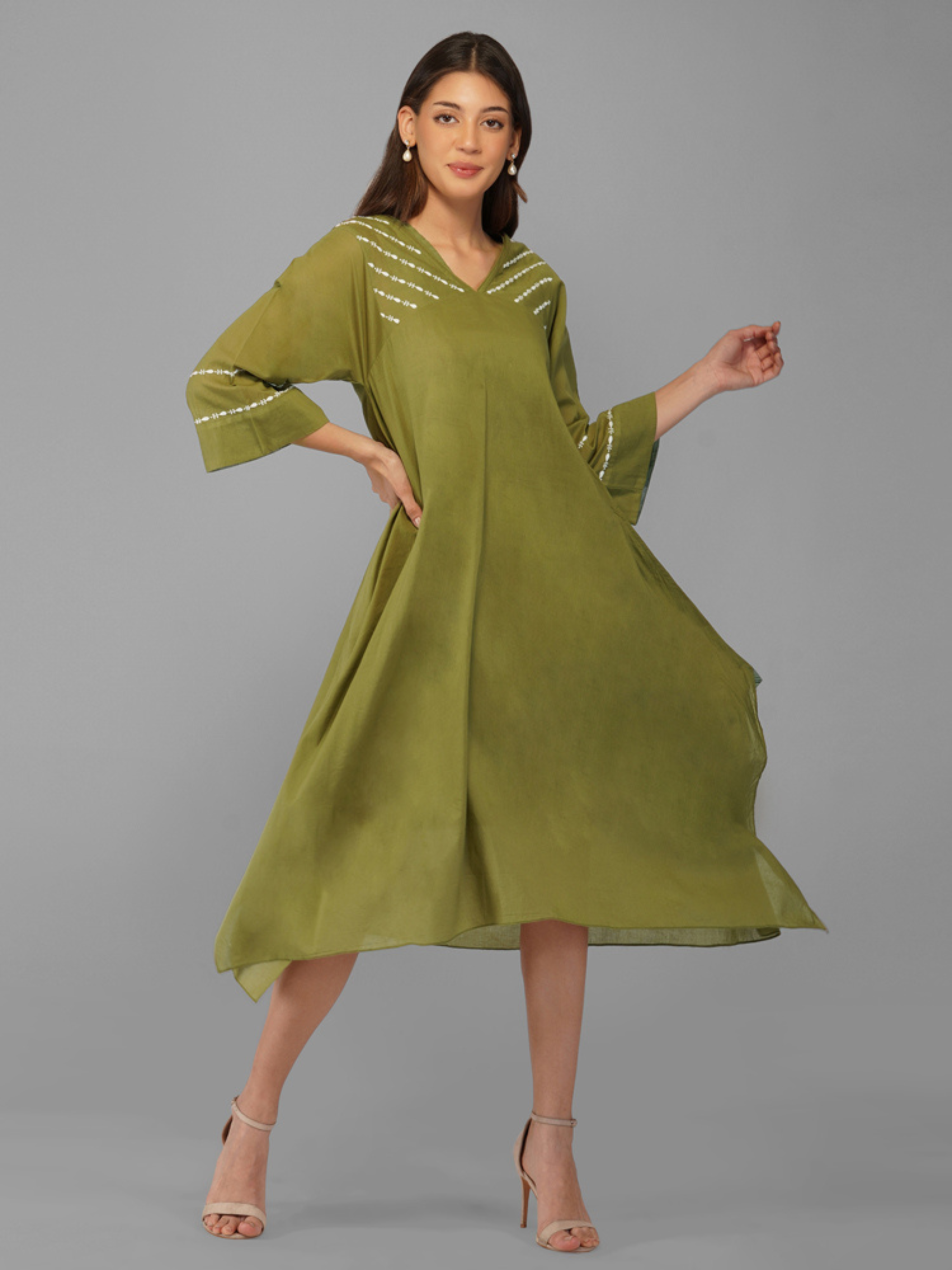 Rhea Dress in  Cotton Mulmul  in Forest Green