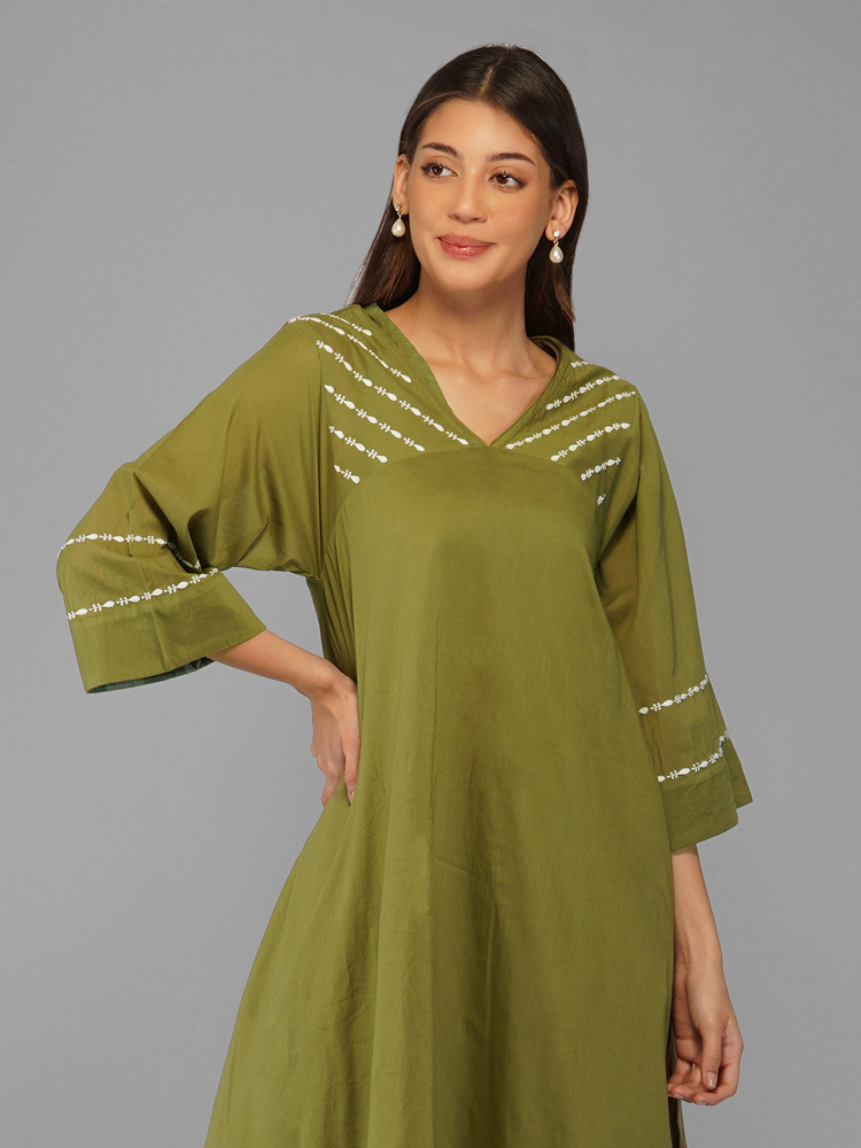 Rhea Dress in  Cotton Mulmul  in Forest Green