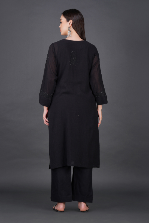 P.H.A.E. - Phae Dinah Cotton Crinkle Black Kurta | Indian Chikankari
