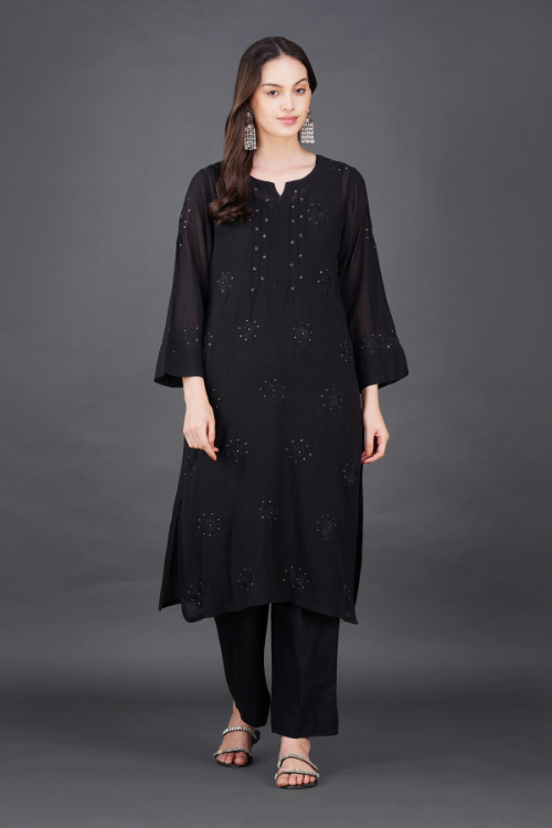P.H.A.E. - Phae Dinah Cotton Crinkle Black Kurta | Indian Chikankari