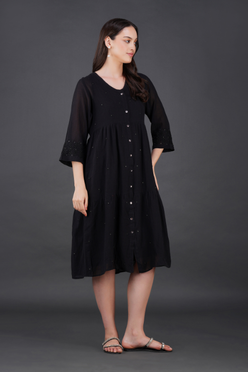 P.H.A.E. - Phae Reyna Cotton Crinkle Black Dress | Indian Chikankari