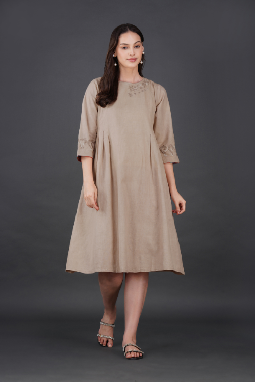 P.H.A.E. - BEIGE COTTON LINEN DRESS | Indian Chikankari