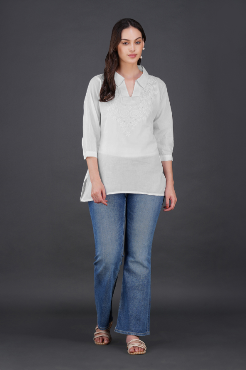 P.H.A.E. - Phae Tema White Top Kashmiri Gala | Indian Chikankari