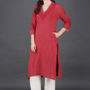 Phae Iska Cotton Crinkle Candy Red Kurta